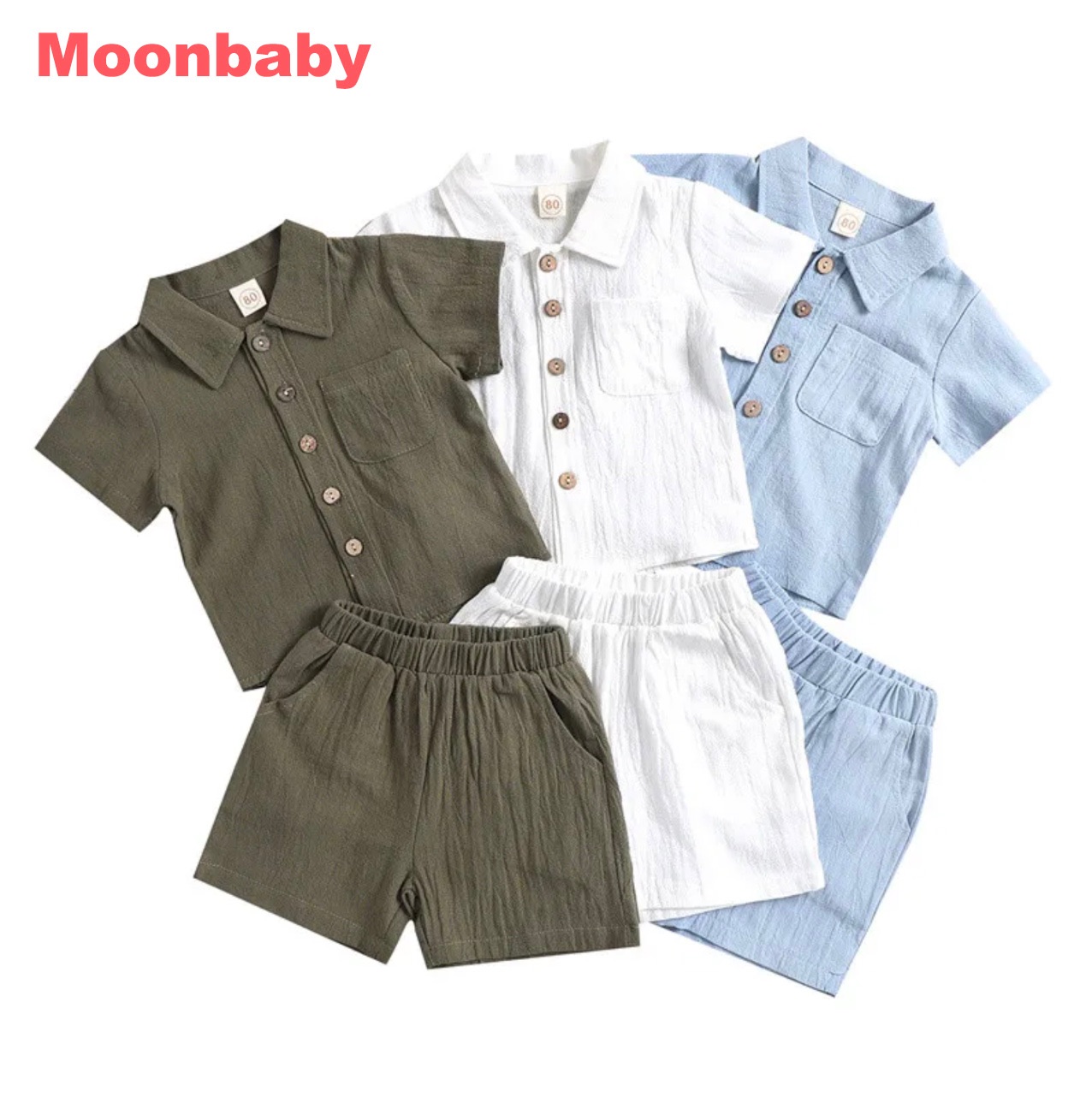 2Pcs Little Boys Outfit, Toddlers Summer Solid Color Lapel Short Sleeve Single-breasted Shirt Tops +Elastic Waist Shorts