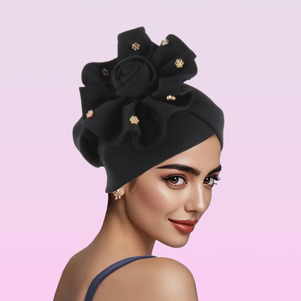 2025 Trendy Women Big Flower Turban Hat Fashion Muslim Hijab Caps Beads Head Wrap Bonnet Bandana Chemo Cap African Headties Hats