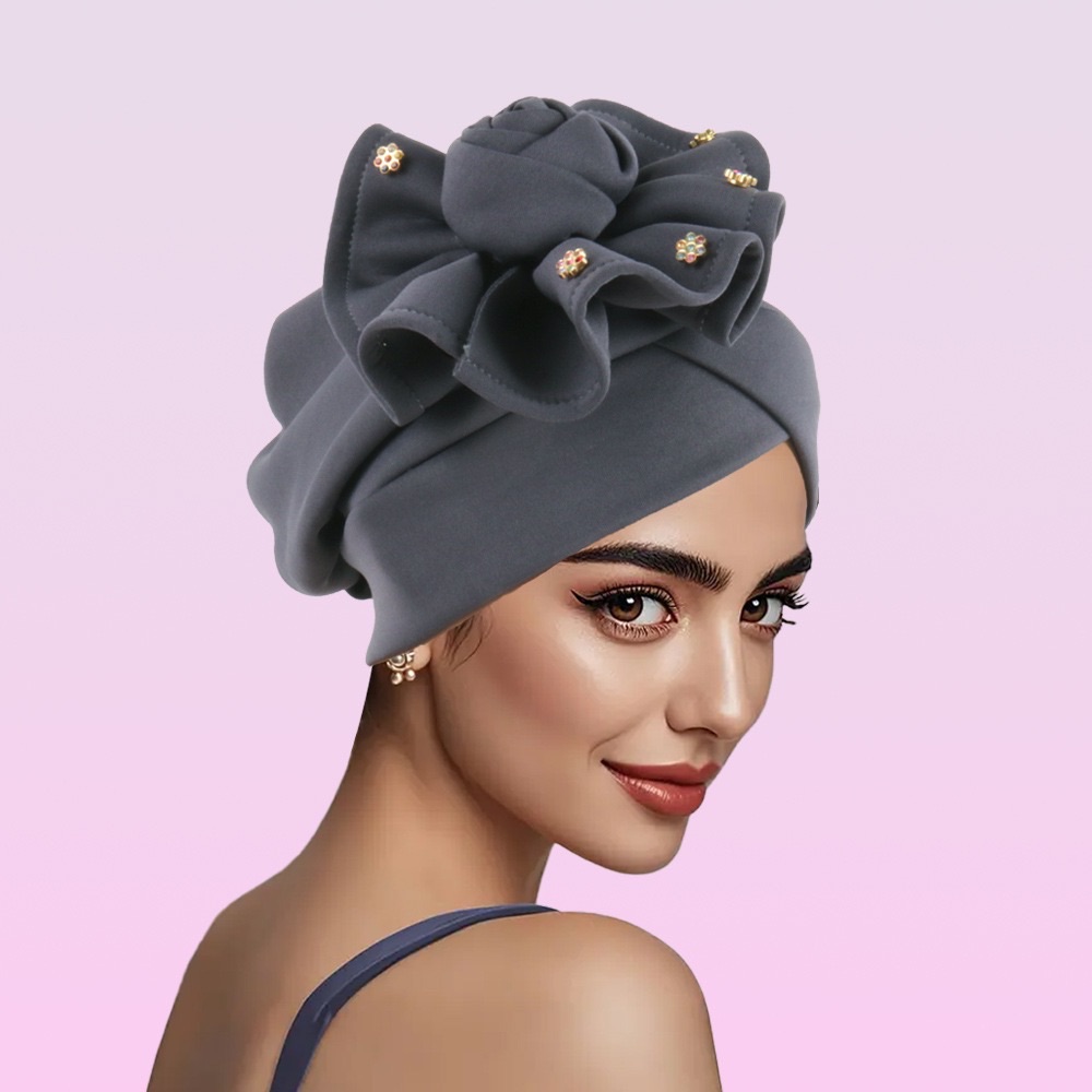 2025 Trendy Women Big Flower Turban Hat Fashion Muslim Hijab Caps Beads Head Wrap Bonnet Bandana Chemo Cap African Headties Hats