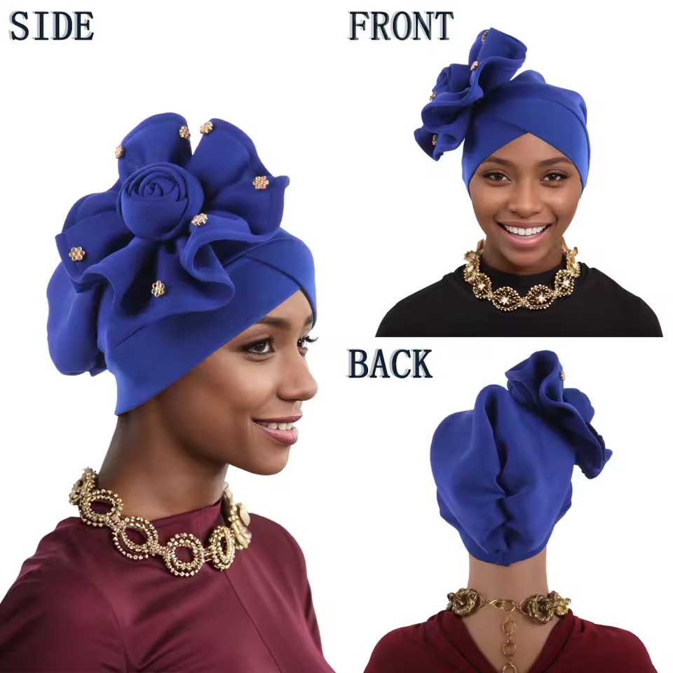 2025 Trendy Women Big Flower Turban Hat Fashion Muslim Hijab Caps Beads Head Wrap Bonnet Bandana Chemo Cap African Headties Hats