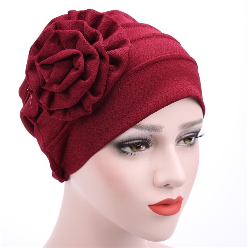 Trendy Crinkle Women's Hijab Solid Color Muslim Ladies Turban Bonnet Flower Decor Ramadan Head Wrap Head Scarf Indian Hats