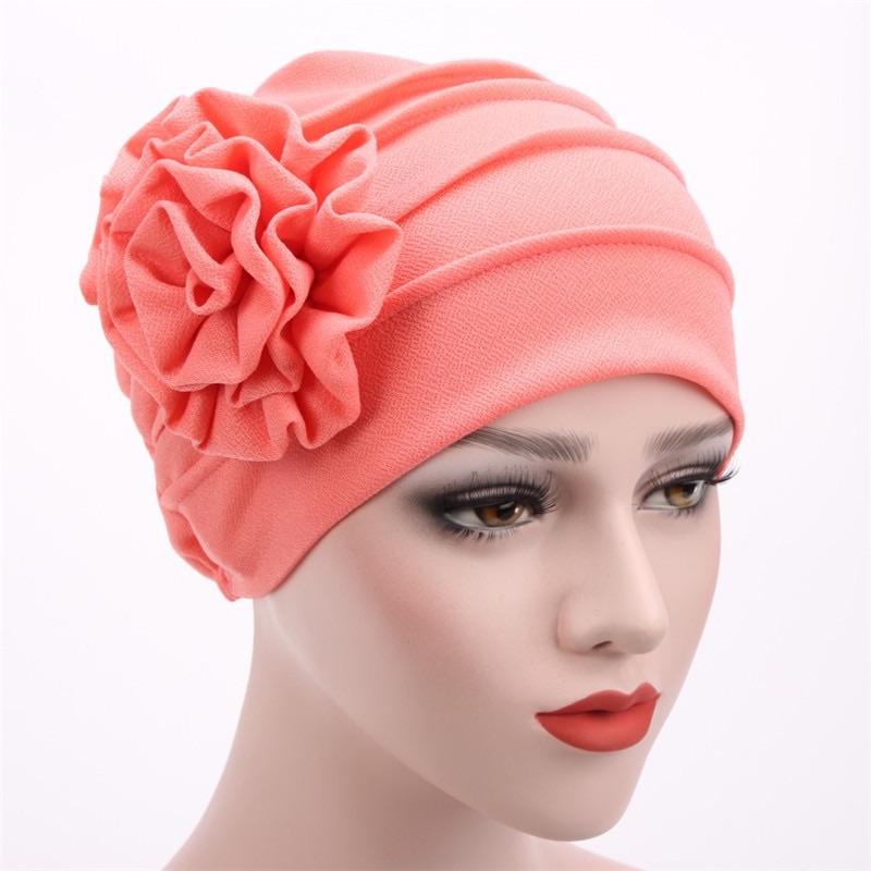 Trendy Crinkle Women's Hijab Solid Color Muslim Ladies Turban Bonnet Flower Decor Ramadan Head Wrap Head Scarf Indian Hats