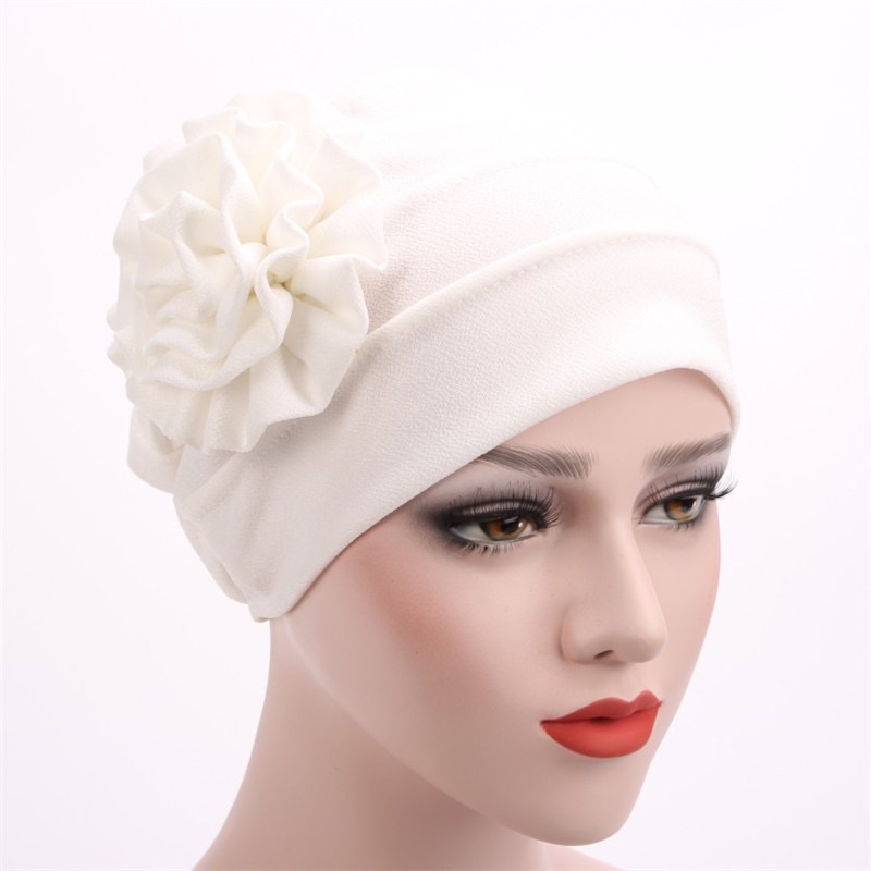 Trendy Crinkle Women's Hijab Solid Color Muslim Ladies Turban Bonnet Flower Decor Ramadan Head Wrap Head Scarf Indian Hats