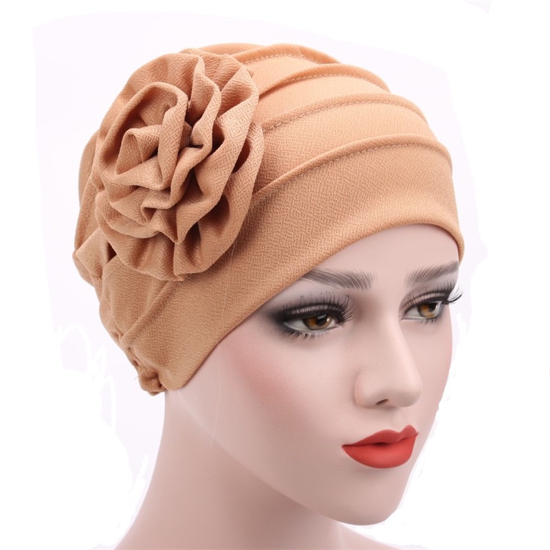 Trendy Crinkle Women's Hijab Solid Color Muslim Ladies Turban Bonnet Flower Decor Ramadan Head Wrap Head Scarf Indian Hats