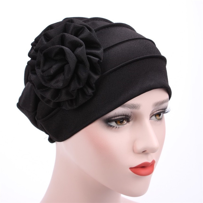 Trendy Crinkle Women's Hijab Solid Color Muslim Ladies Turban Bonnet Flower Decor Ramadan Head Wrap Head Scarf Indian Hats