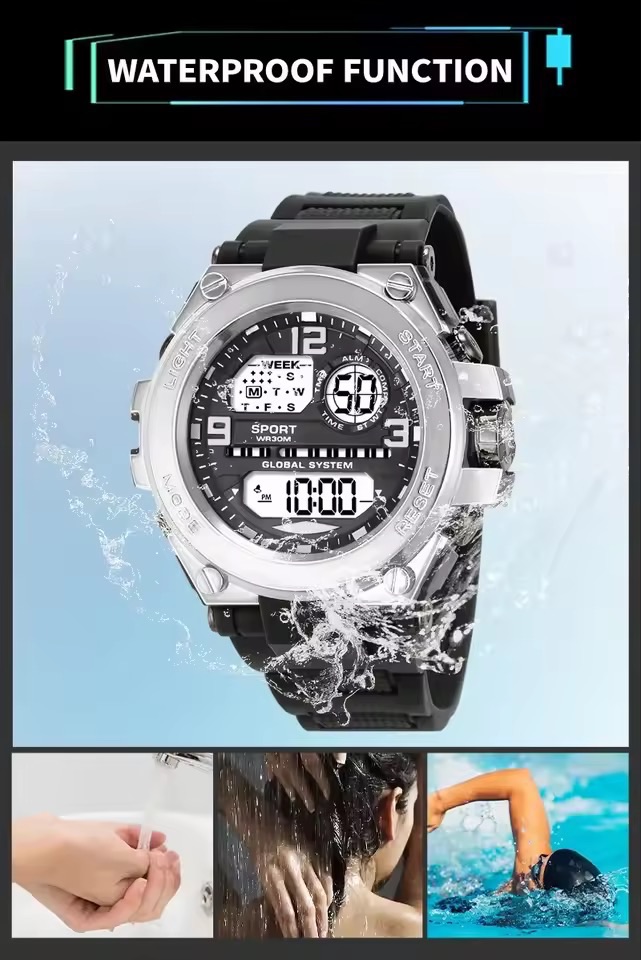 Black Sports Watch for Kids Students Men's Multifunction LED Digital Watch Waterproof Luminous Alarm Clock Electronic Watches