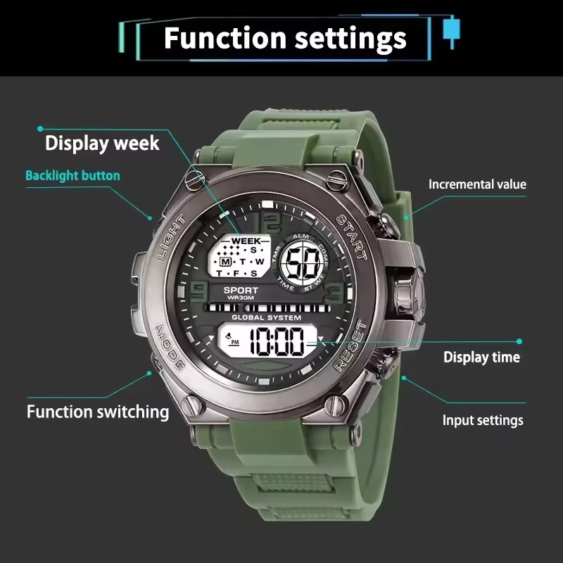 Black Sports Watch for Kids Students Men's Multifunction LED Digital Watch Waterproof Luminous Alarm Clock Electronic Watches