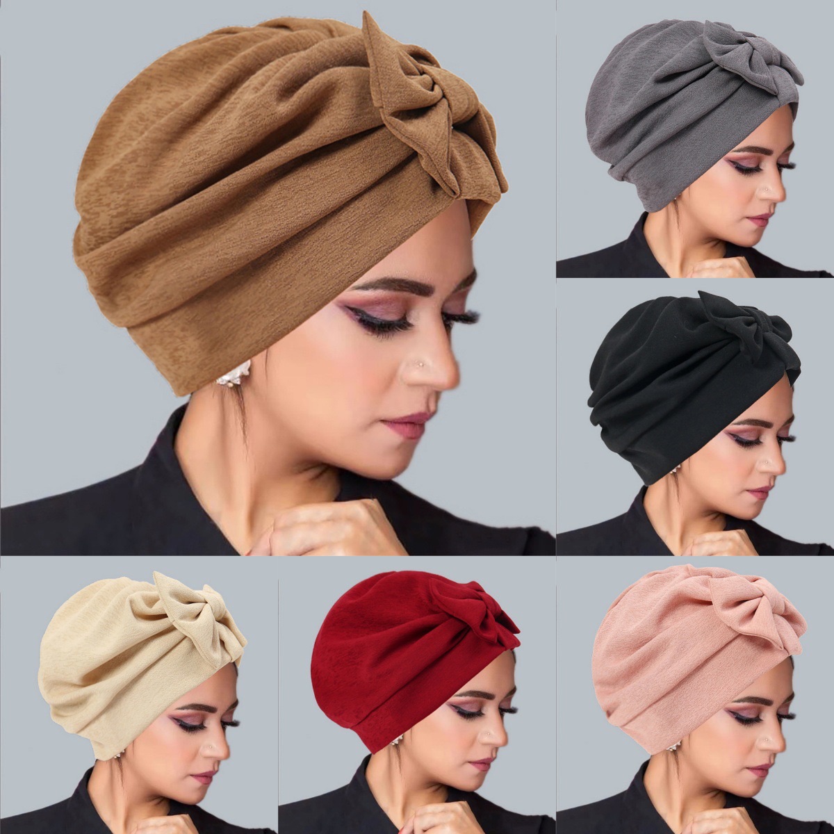 2025 New Bow Women's Hijab Solid Color Muslim Ladies Turban Bonnet Soft Elastic Head Wrap Head Scarf Indian Hats
