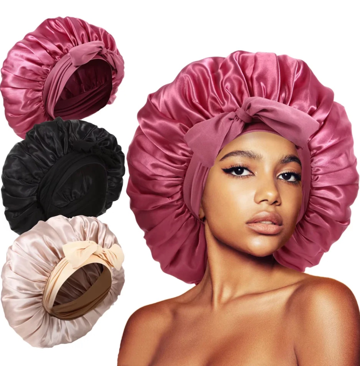 2026 New Women Large Satin Bonnet Silky Night Sleeping Cap with Stretchy Tie Band Shower Cap Curly Braid Hair Head Cover Turban