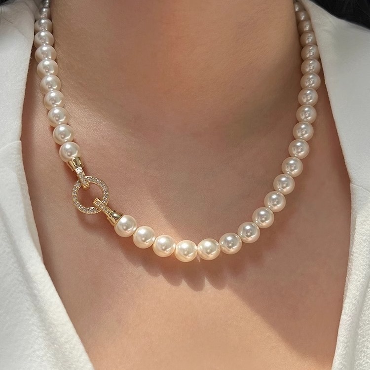 French Elegant Micro Set Zircon Round Buckle Imitation Pearl Beaded Necklace For Women's Temperament Jewelry Sweet Accessories