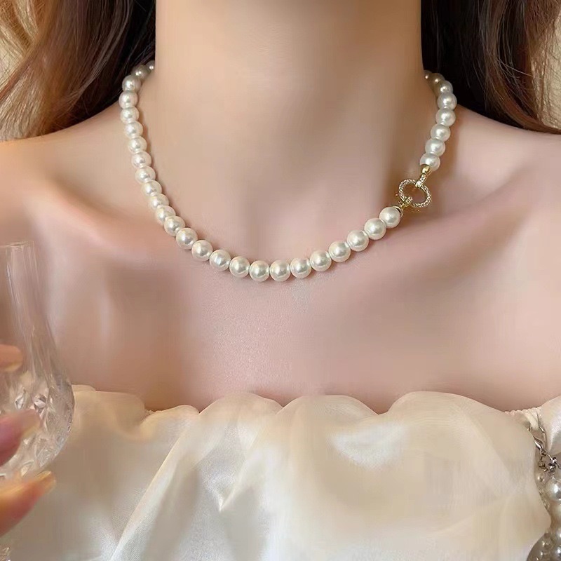 French Elegant Micro Set Zircon Round Buckle Imitation Pearl Beaded Necklace For Women's Temperament Jewelry Sweet Accessories