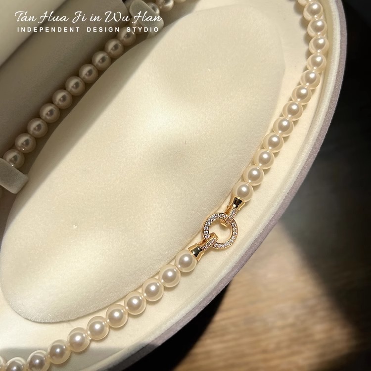 French Elegant Micro Set Zircon Round Buckle Imitation Pearl Beaded Necklace For Women's Temperament Jewelry Sweet Accessories