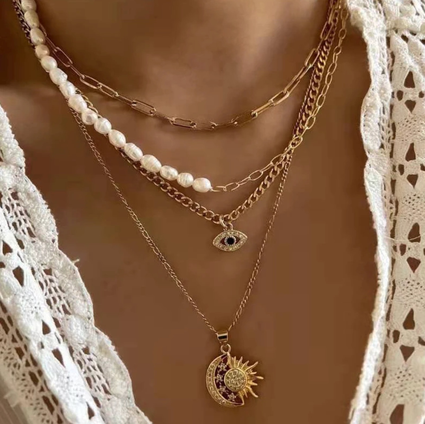 Classic Pendant Necklace for Women Micro Zircon Turkish Lucky Evil Eyes Palm Cross Pearl Multilayer Metal Chain Choker Jewelry