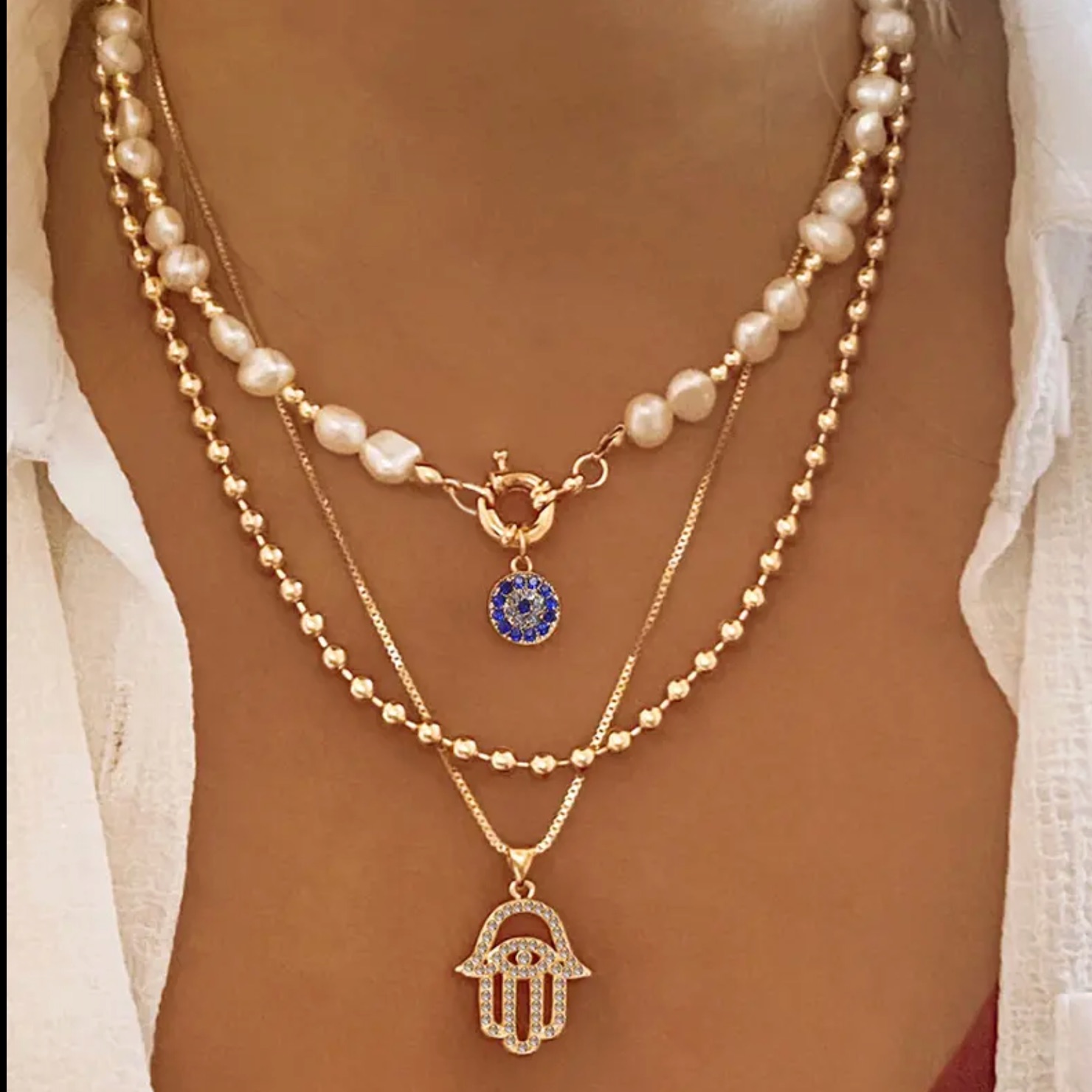 Classic Pendant Necklace for Women Micro Zircon Turkish Lucky Evil Eyes Palm Cross Pearl Multilayer Metal Chain Choker Jewelry