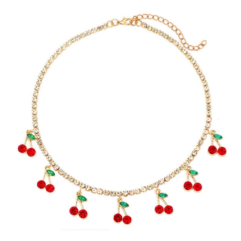 New Luxury Red Cherry Crystal Tennis Chain Women's Necklace Sweet and  Personal Ear Buckle for Girls,Charm Cute Pendant Necklaces Women Rhinestone Jewelry Gift