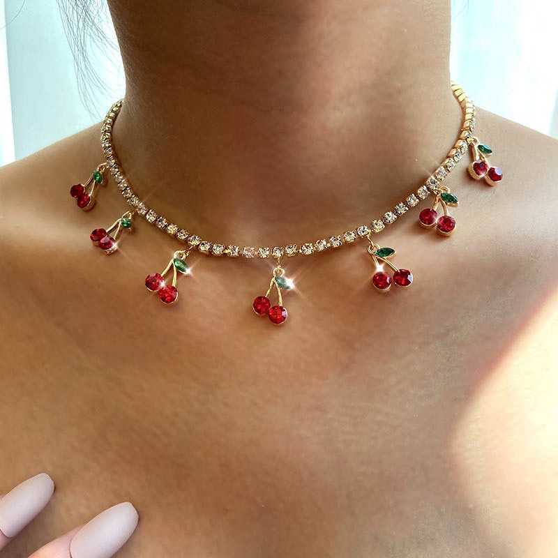 New Luxury Red Cherry Crystal Tennis Chain Women's Necklace Sweet and  Personal Ear Buckle for Girls,Charm Cute Pendant Necklaces Women Rhinestone Jewelry Gift