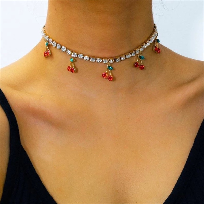 New Luxury Red Cherry Crystal Tennis Chain Women's Necklace Sweet and  Personal Ear Buckle for Girls,Charm Cute Pendant Necklaces Women Rhinestone Jewelry Gift