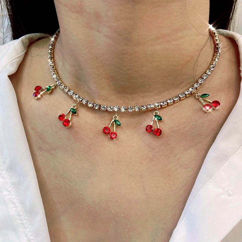 New Luxury Red Cherry Crystal Tennis Chain Women's Necklace Sweet and  Personal Ear Buckle for Girls,Charm Cute Pendant Necklaces Women Rhinestone Jewelry Gift