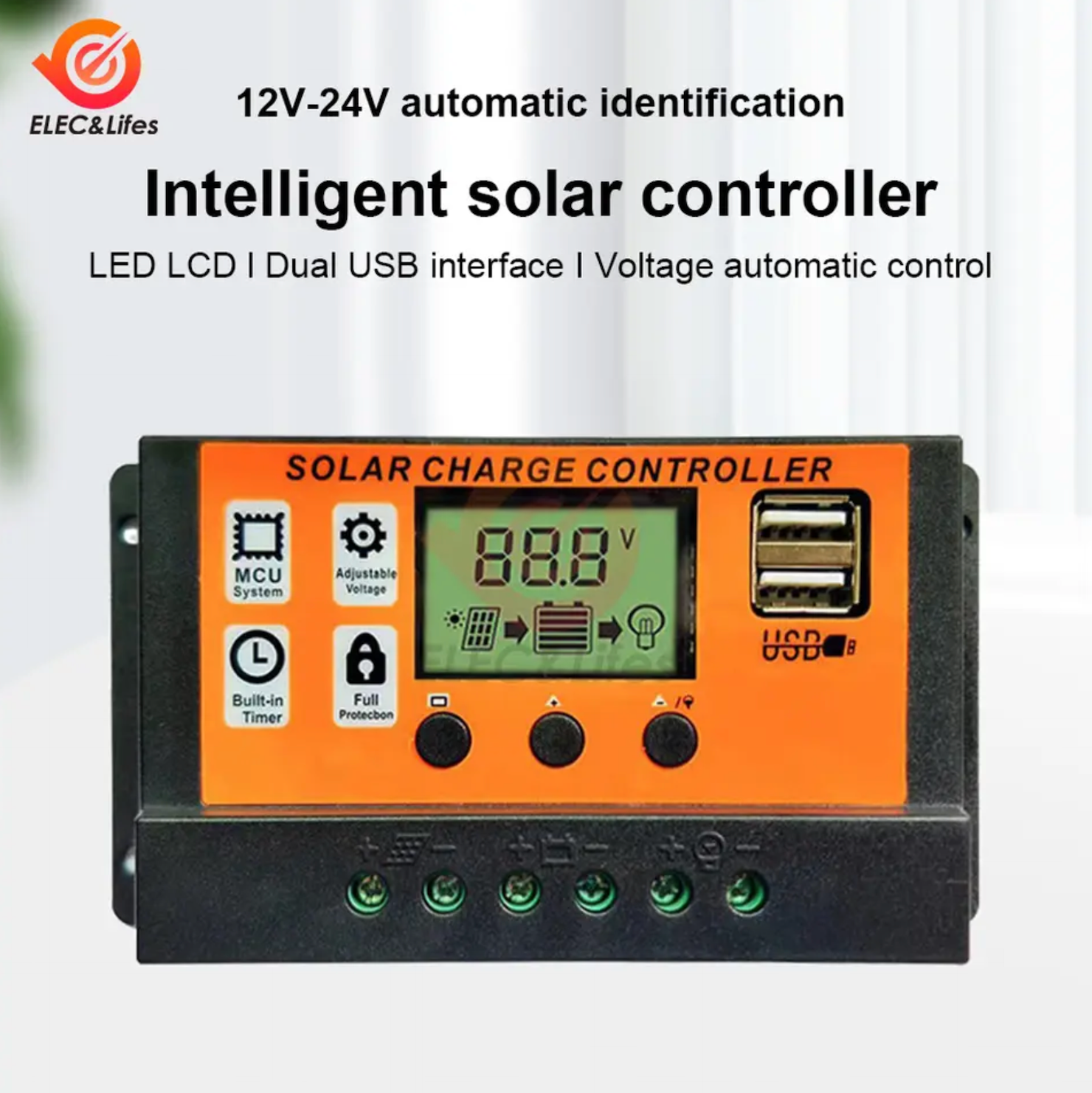 100A Solar Charge Controller Solar Panel Controller 12V/24V Adjustable LCD Display Solar Panel Battery Regulator With USB Port