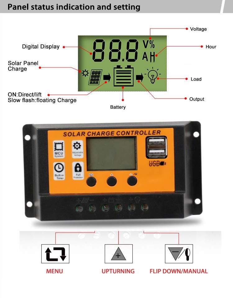 100A Solar Charge Controller Solar Panel Controller 12V/24V Adjustable LCD Display Solar Panel Battery Regulator With USB Port