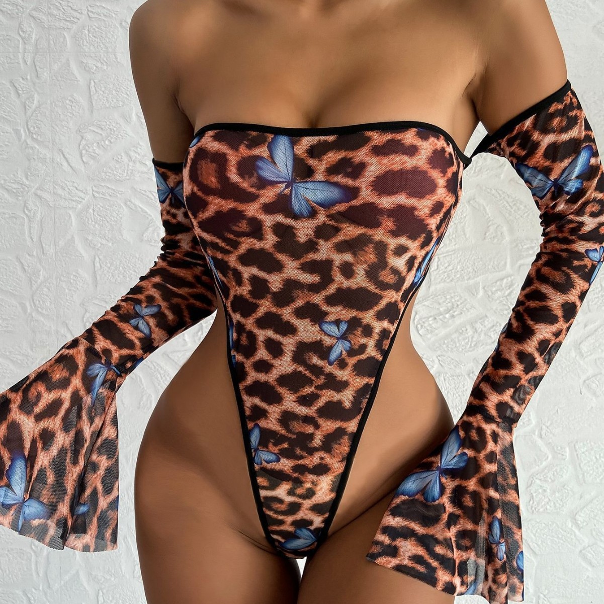 Sexy Lingerie New Sexy Underwear Leopard Print Long Sleeve Off-the-shoulder Jumpsuit Sexy Suit Women's Pajamas Lingerie Corset
