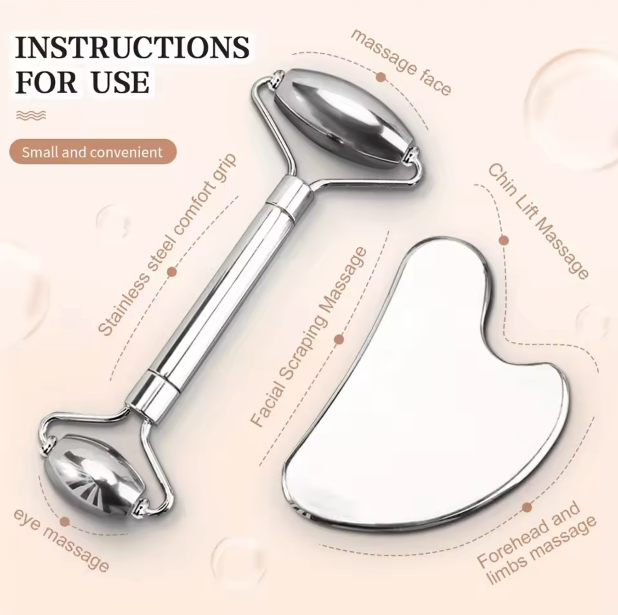 /2/3 Piece Stainless Steel Facial Roller and Gua Sha Massage Tool Set Metal Beauty Tools for Body, Face, Neck and Eyes