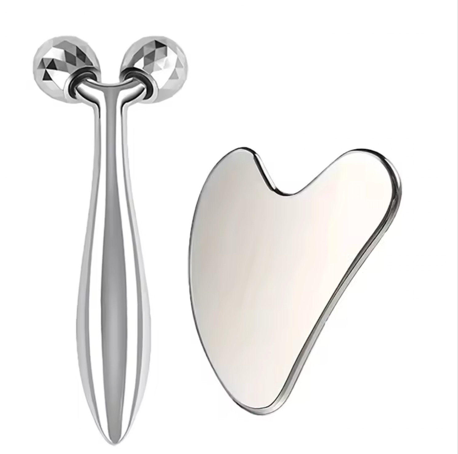 Facial care set, including a stainless steel facial gua sha tool with 3D roller massage function and an eye massager