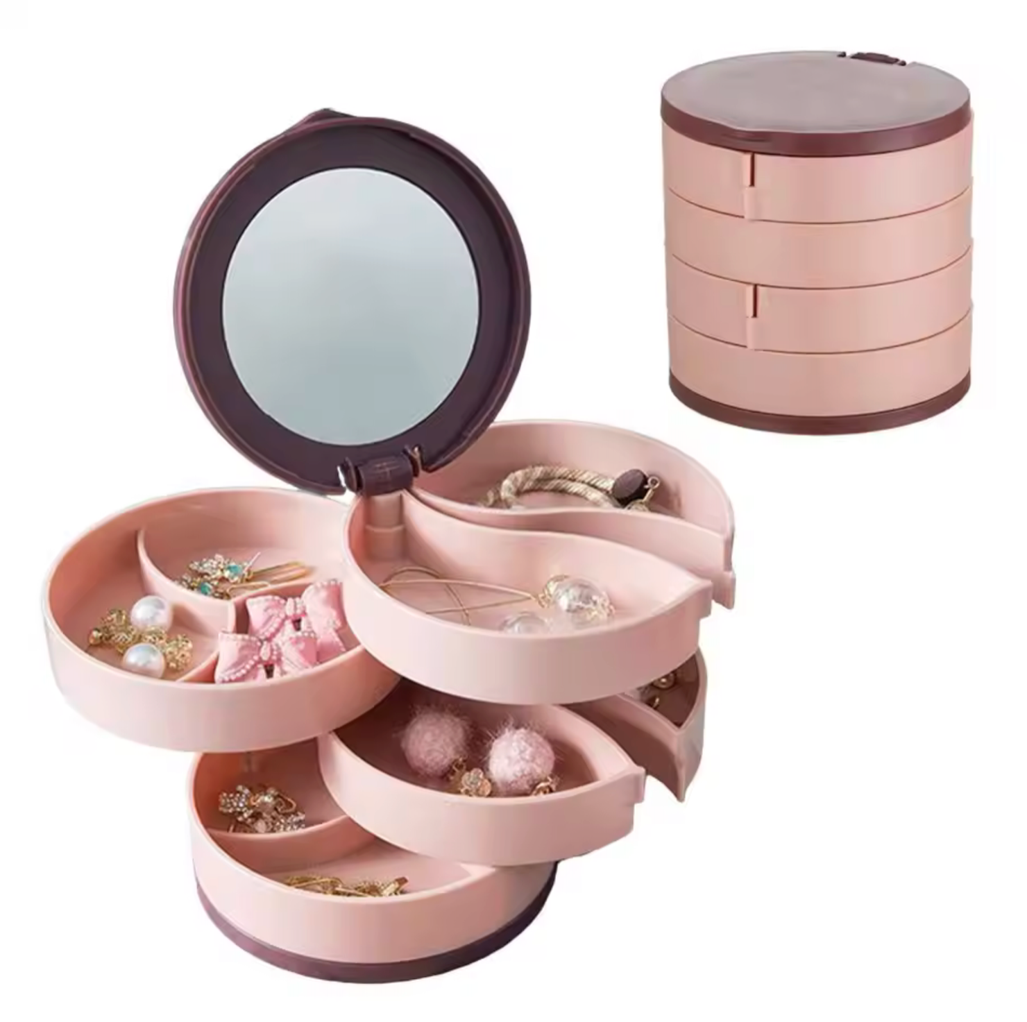 Multi-layer Rotary Jewelry Box Cosmetic Mirror for Ring Necklace Earrings Jewelry Organizer Large-capacity Dustproof Storage Box