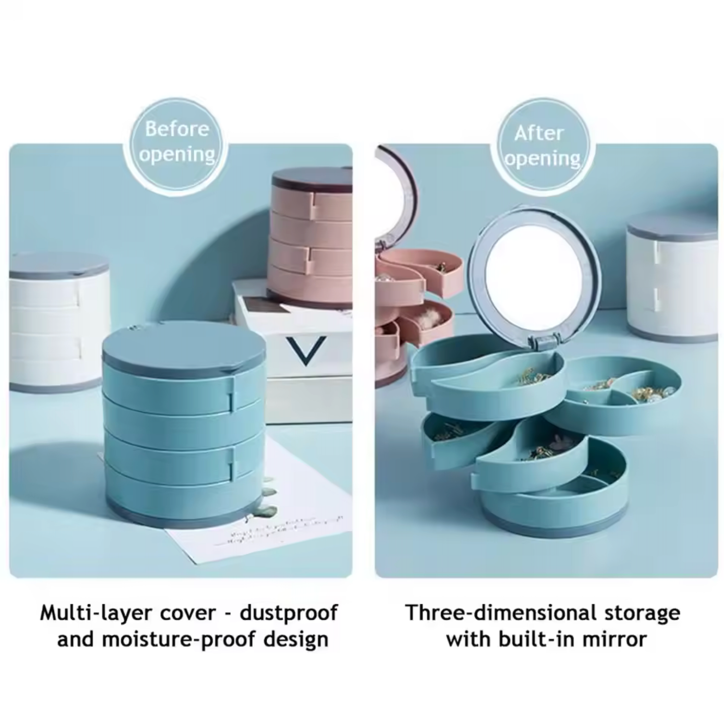 Multi-layer Rotary Jewelry Box Cosmetic Mirror for Ring Necklace Earrings Jewelry Organizer Large-capacity Dustproof Storage Box