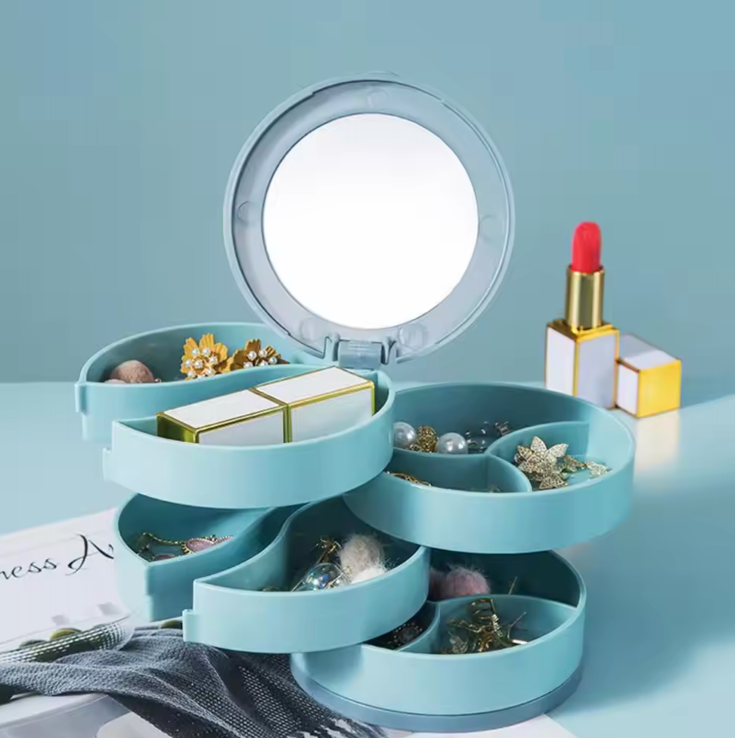 Multi-layer Rotary Jewelry Box Cosmetic Mirror for Ring Necklace Earrings Jewelry Organizer Large-capacity Dustproof Storage Box