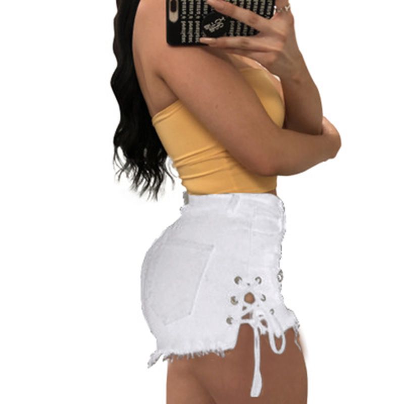Spring and summer ripped tassel chicken eye shorts stand independently, low waist split bandage women's denim shorts