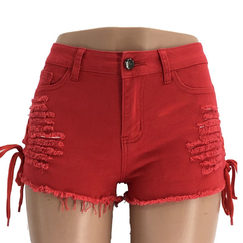 Spring and summer ripped tassel chicken eye shorts stand independently, low waist split bandage women's denim shorts