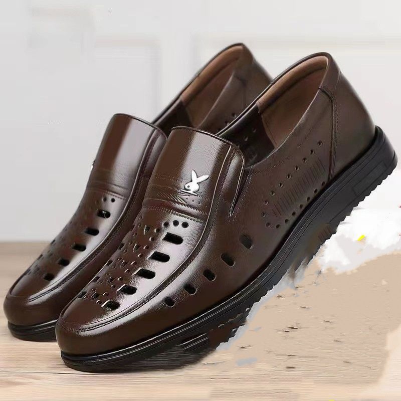 New business hole cool leather shoes men's casual sandals summer breathable youth pointy male sandals