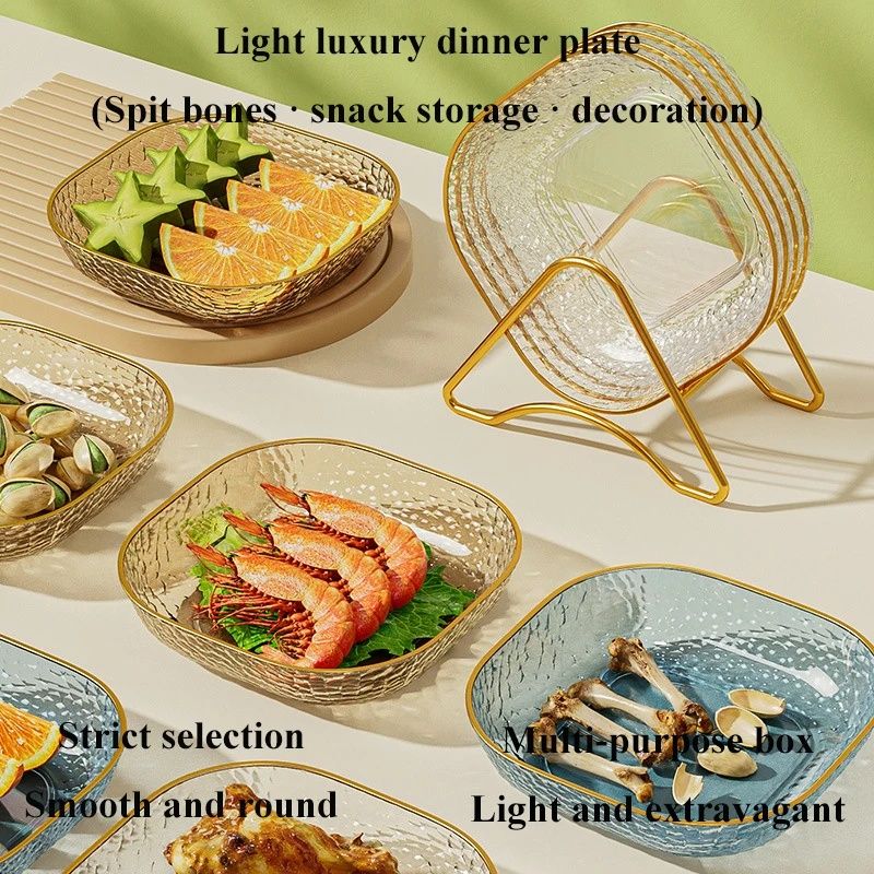 4Pcs  Luxury Plate With High-end Gold-edged Design Luxurious Translucent Storage Plate Multi-functional Durable Stylish Plate Food-grade Plastic Fruit Plate  Snack Plates Household Bone Spitting Plate