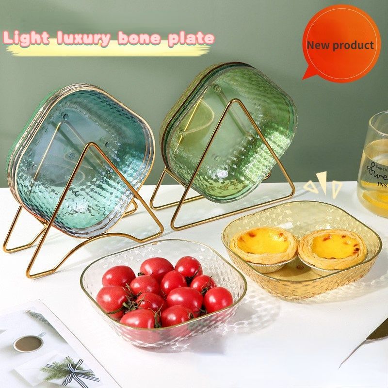 4Pcs  Luxury Plate With High-end Gold-edged Design Luxurious Translucent Storage Plate Multi-functional Durable Stylish Plate Food-grade Plastic Fruit Plate  Snack Plates Household Bone Spitting Plate