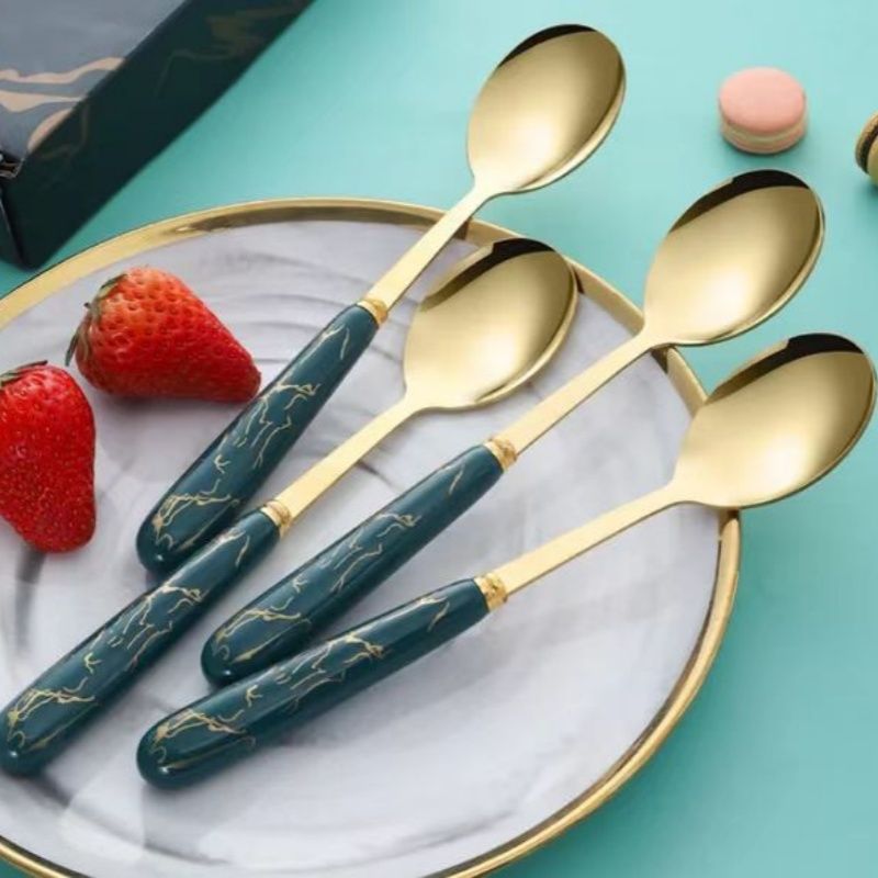 A Set Of Stainless Steel Table Spoons Gift Box Set, ,Marble Imitation Porcelain Handle Luxury Gold Spoon  Creative Handle Show Quality Life