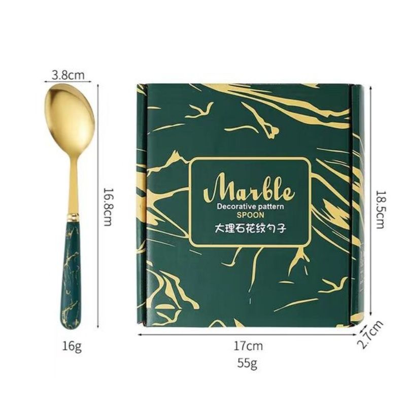 A Set Of Stainless Steel Table Spoons Gift Box Set, ,Marble Imitation Porcelain Handle Luxury Gold Spoon  Creative Handle Show Quality Life