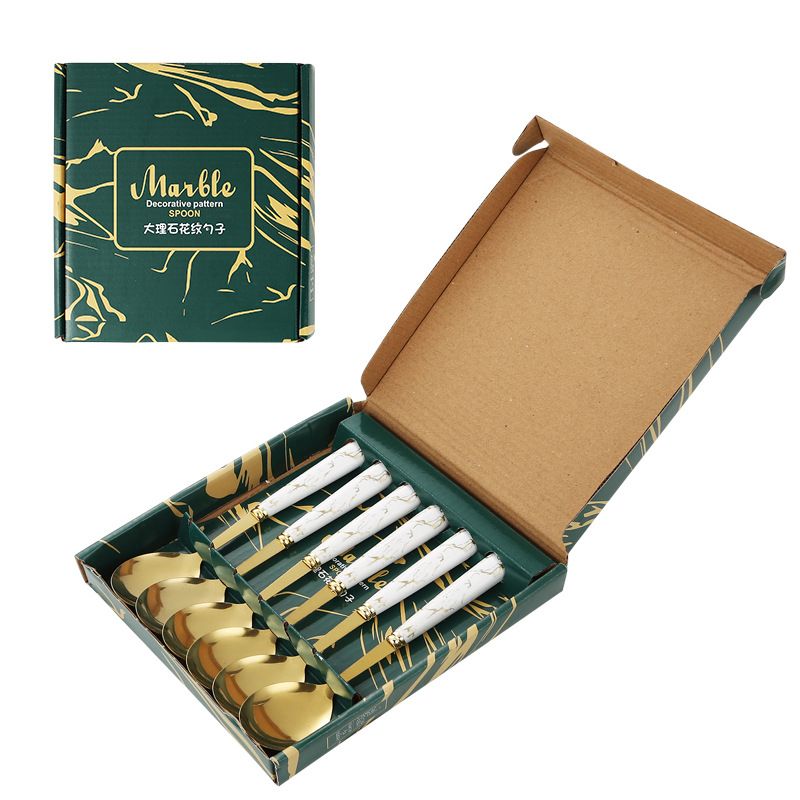 A Set Of Stainless Steel Table Spoons Gift Box Set, ,Marble Imitation Porcelain Handle Luxury Gold Spoon  Creative Handle Show Quality Life