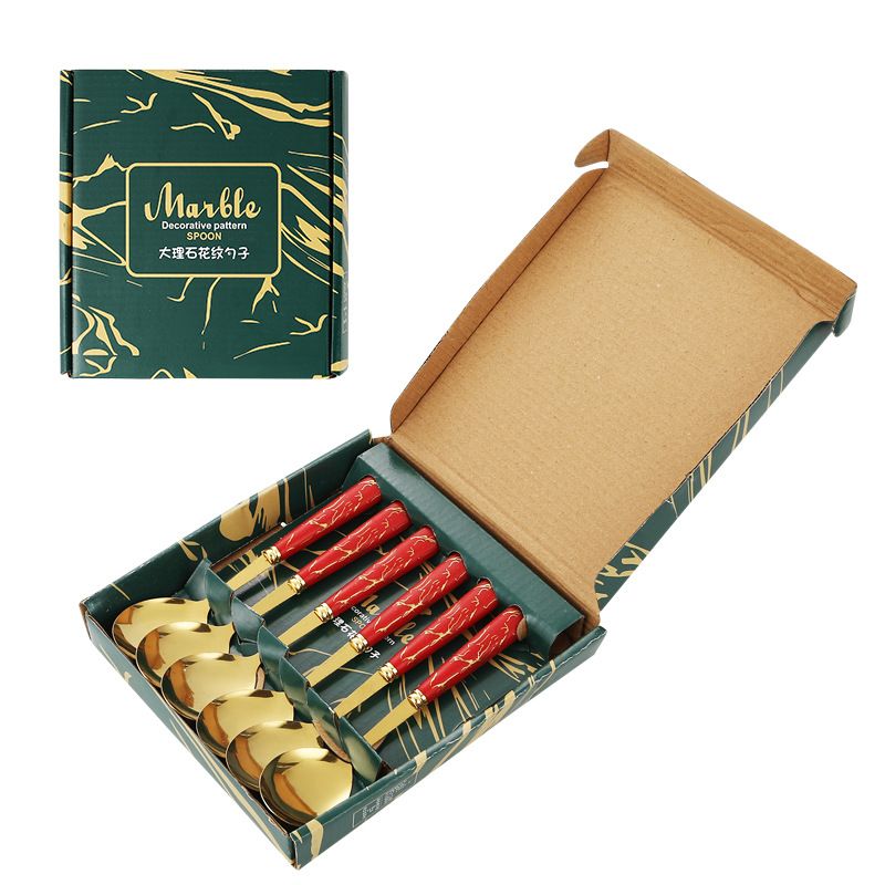 A Set Of Stainless Steel Table Spoons Gift Box Set, ,Marble Imitation Porcelain Handle Luxury Gold Spoon  Creative Handle Show Quality Life