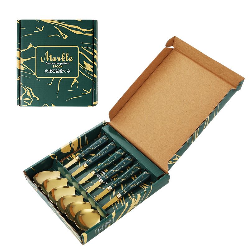 A Set Of Stainless Steel Table Spoons Gift Box Set, ,Marble Imitation Porcelain Handle Luxury Gold Spoon  Creative Handle Show Quality Life