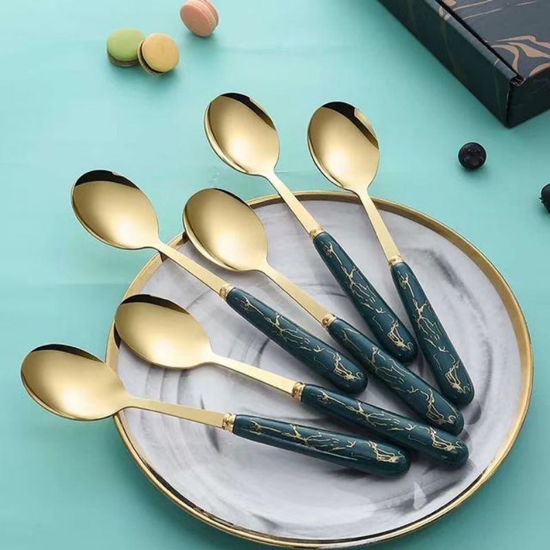 A Set Of Stainless Steel Table Spoons Gift Box Set, ,Marble Imitation Porcelain Handle Luxury Gold Spoon  Creative Handle Show Quality Life