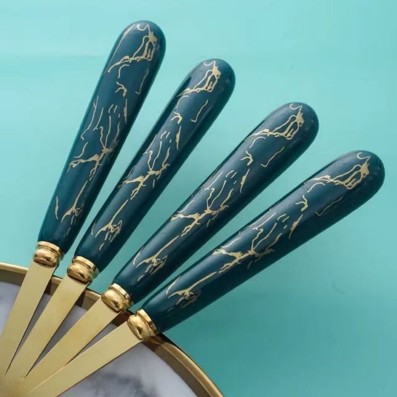 A Set Of Stainless Steel Table Spoons Gift Box Set, ,Marble Imitation Porcelain Handle Luxury Gold Spoon  Creative Handle Show Quality Life