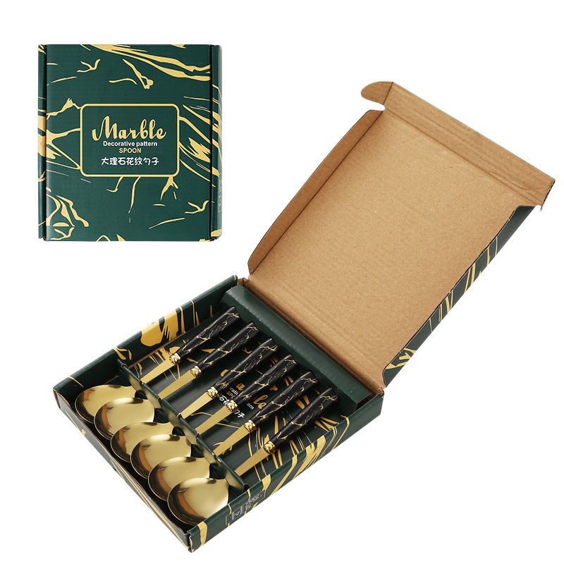 A Set Of Stainless Steel Table Spoons Gift Box Set, ,Marble Imitation Porcelain Handle Luxury Gold Spoon  Creative Handle Show Quality Life