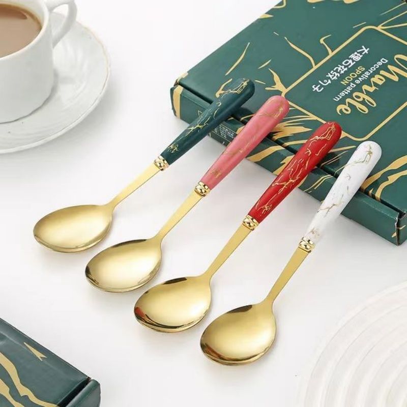 A Set Of Stainless Steel Table Spoons Gift Box Set, ,Marble Imitation Porcelain Handle Luxury Gold Spoon  Creative Handle Show Quality Life