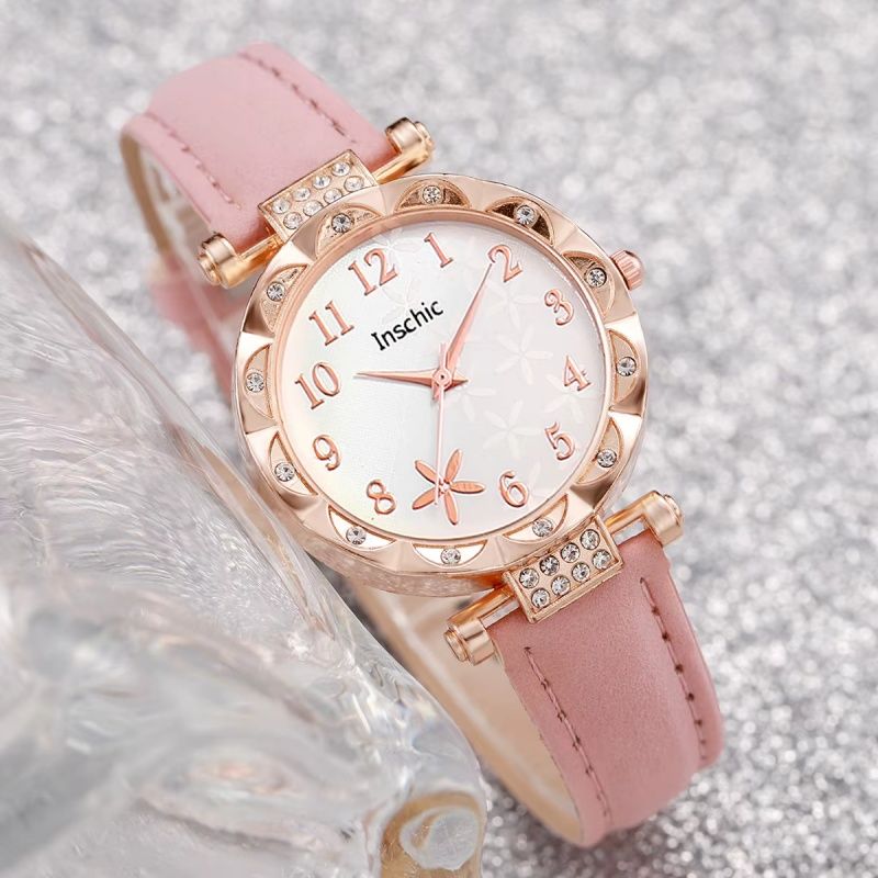 Simple Women's Quartz Watch Set 5PCS/ Set, Pink PU Leather Strap Fashion Watch  Diamond-love Jewelry Women Watch   Gift Set  Gift For Her