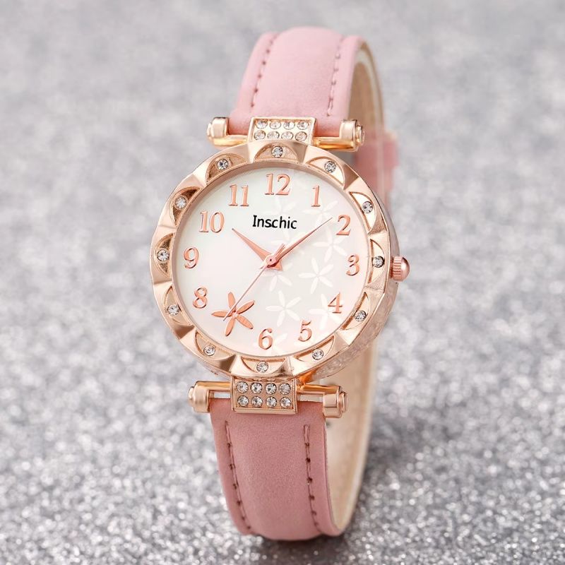 Simple Women's Quartz Watch Set 5PCS/ Set, Pink PU Leather Strap Fashion Watch  Diamond-love Jewelry Women Watch   Gift Set  Gift For Her