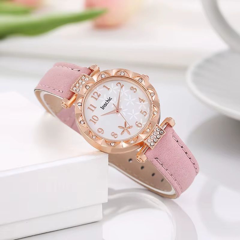 Simple Women's Quartz Watch Set 5PCS/ Set, Pink PU Leather Strap Fashion Watch  Diamond-love Jewelry Women Watch   Gift Set  Gift For Her