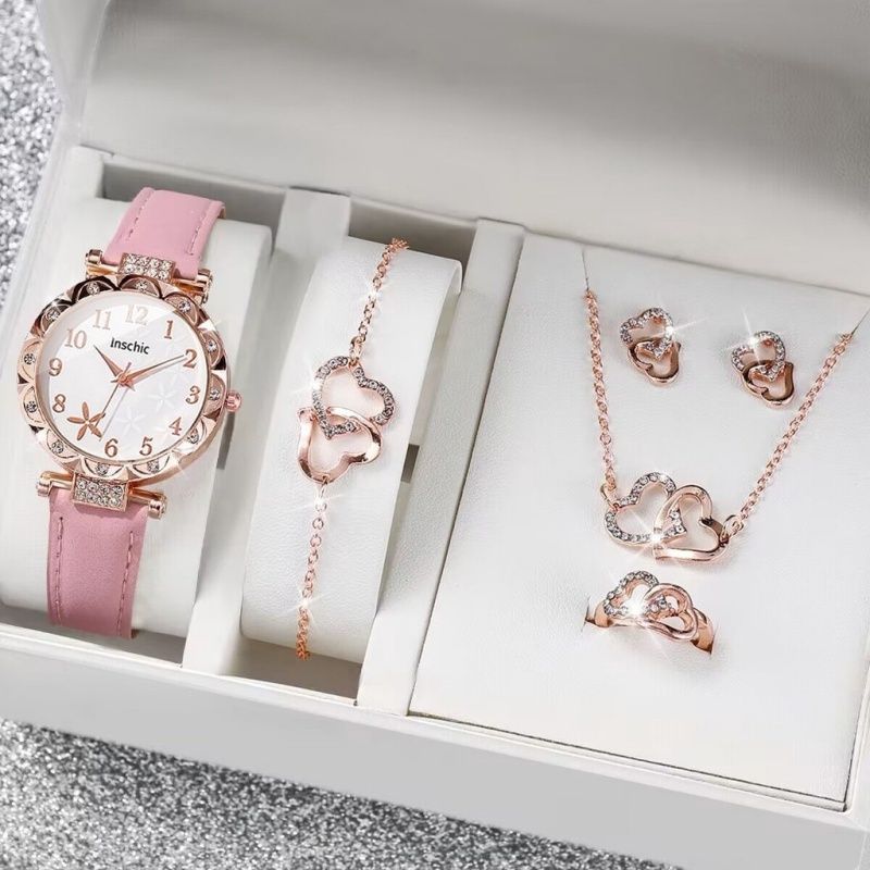 Simple Women's Quartz Watch Set 5PCS/ Set, Pink PU Leather Strap Fashion Watch  Diamond-love Jewelry Women Watch   Gift Set  Gift For Her