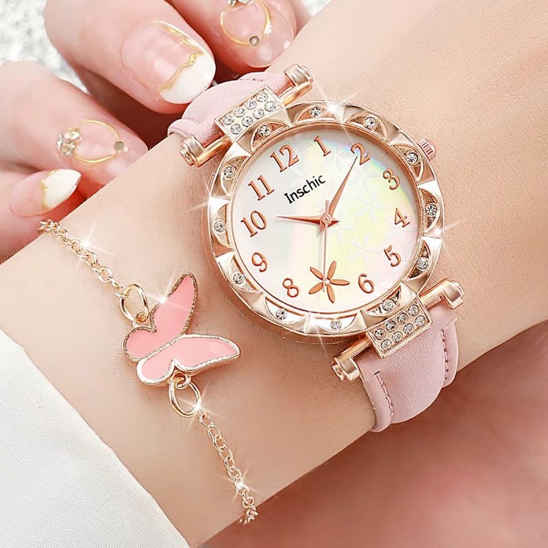 Simple Women's Quartz Watch Set 5PCS/ Set, Pink PU Leather Strap Fashion Watch  Diamond-love Jewelry Women Watch   Gift Set  Gift For Her
