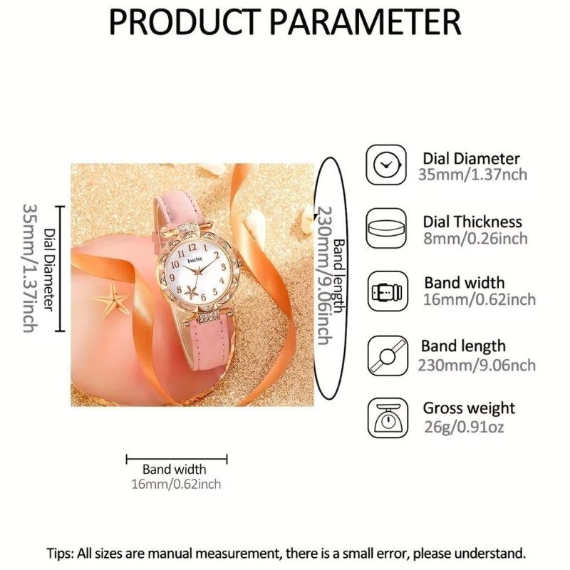 Simple Women's Quartz Watch Set 5PCS/ Set, Pink PU Leather Strap Fashion Watch  Diamond-love Jewelry Women Watch   Gift Set  Gift For Her